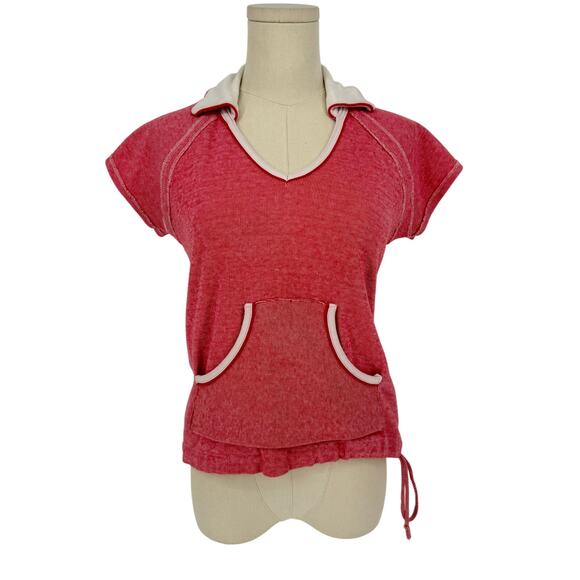 Vintage 1970sRed White Micro Stripe Collared Lido Shirt, Drawstring Crop Size L - Picture 1 of 6